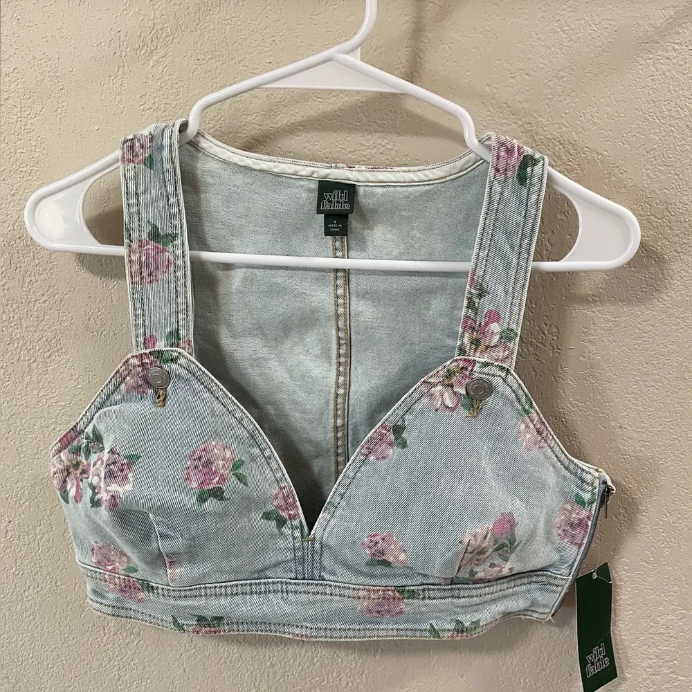 NWT 90’s Style Jean Bustier Crop Top w/ Pink Floral Design - Picture 5 of 12
